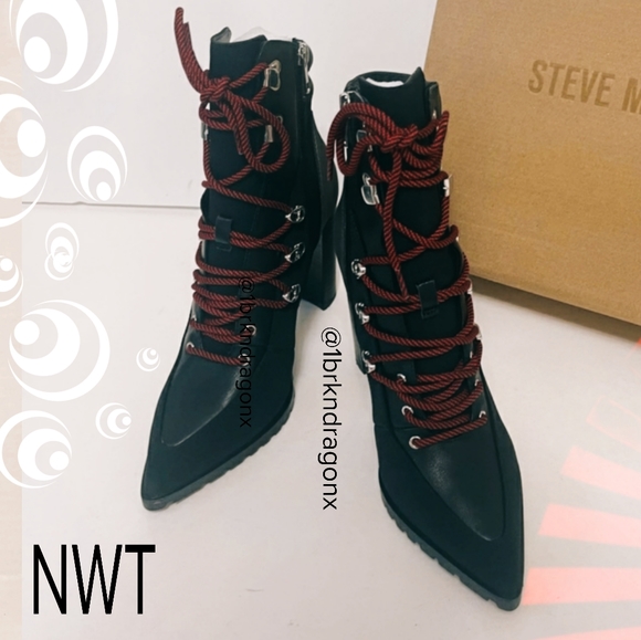 NWT Black Red Lug Sole Block Heel Lace Up Illusion Booties Boot Boots - Picture 7 of 16